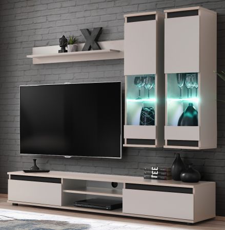 Wohnwand Trigger in Kaschmir und schwarz Schrankwand 4-teilig 175 cm, inkl. LED