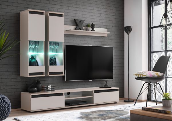 Wohnwand Trigger in Kaschmir und schwarz Schrankwand 4-teilig 175 cm, inkl. LED