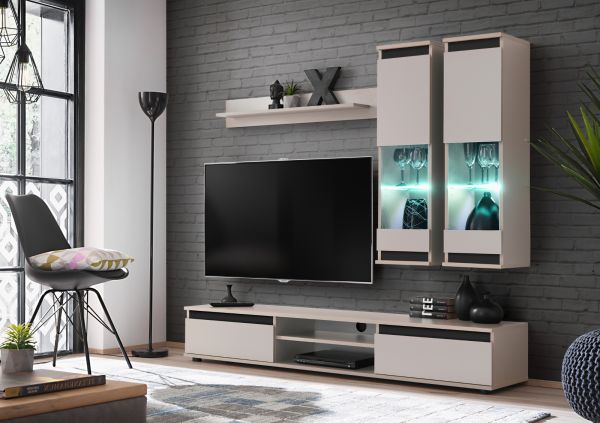 Wohnwand Trigger in Kaschmir und schwarz Schrankwand 4-teilig 175 cm, inkl. LED