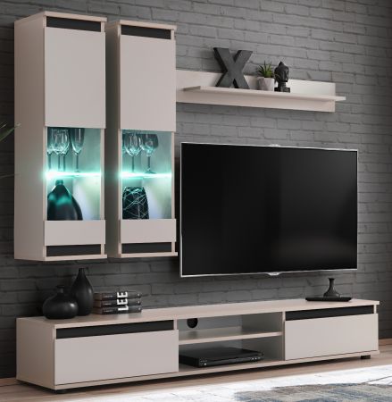 Wohnwand Trigger in Kaschmir und schwarz Schrankwand 4-teilig 175 cm, inkl. LED