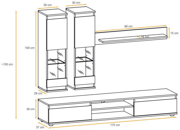 Wohnwand Trigger in Kaschmir und schwarz Schrankwand 4-teilig 175 cm, inkl. LED