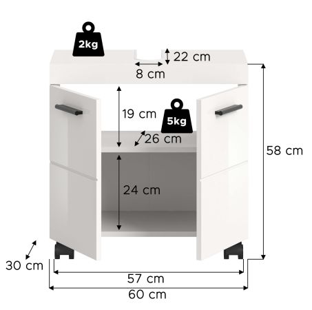 Waschbeckenunterschrank Talerno in wei� Hochglanz Badezimmer Unterschrank 60 x 58 cm