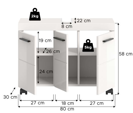 Waschbeckenunterschrank Talerno in wei� Hochglanz Badezimmer Unterschrank 80 x 58 cm