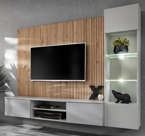 Wohnwand iLike in hellgrau und Artisan Eiche Schrankwand 200 cm inklusive LED Beleuchtung, Push-to-Open