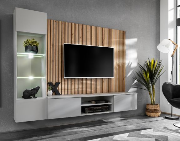 Wohnwand iLike in hellgrau und Artisan Eiche Schrankwand 200 cm inklusive LED Beleuchtung, Push-to-Open