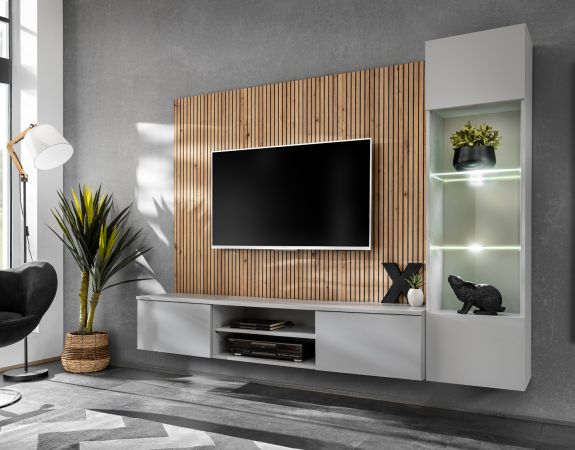 Wohnwand iLike in hellgrau und Artisan Eiche Schrankwand 200 cm inklusive LED Beleuchtung, Push-to-Open