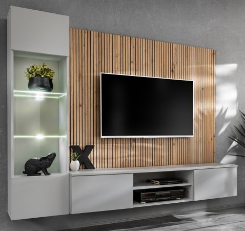 Wohnwand iLike in hellgrau und Artisan Eiche Schrankwand 200 cm inklusive LED Beleuchtung, Push-to-Open