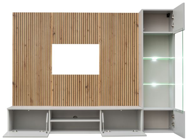 Wohnwand iLike in hellgrau und Artisan Eiche Schrankwand 200 cm inklusive LED Beleuchtung, Push-to-Open