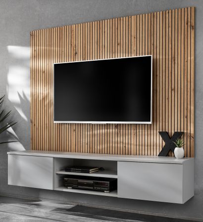 TV-Lowboard Set iLike in hellgrau und Artisan Eiche TV Unterteil mit Akustikpaneele 160 cm, Push-to-Open