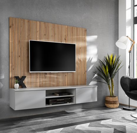 TV-Lowboard Set iLike in hellgrau und Artisan Eiche TV Unterteil mit Akustikpaneel 160 cm, Push-to-Open