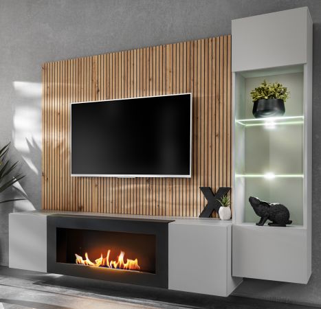 Wohnwand iLike in hellgrau, schwarz und Artisan Eiche TV Unterteil mit Bio Ethanol Kamin 200 cm inklusive LED