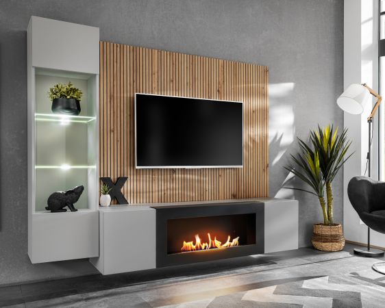 Wohnwand iLike in hellgrau, schwarz und Artisan Eiche TV Unterteil mit Bio Ethanol Kamin 200 cm inklusive LED