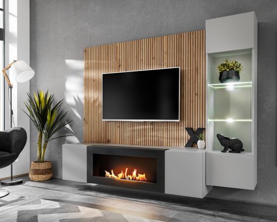 Wohnwand iLike in hellgrau, schwarz und Artisan Eiche TV Unterteil mit Bio Ethanol Kamin 200 cm inklusive LED