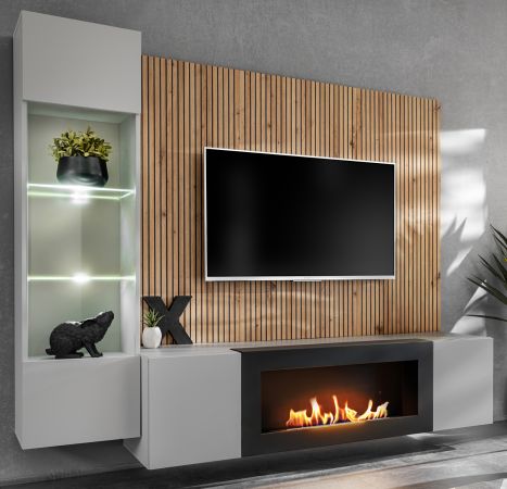 Wohnwand iLike in hellgrau, schwarz und Artisan Eiche TV Unterteil mit Bio Ethanol Kamin 200 cm inklusive LED
