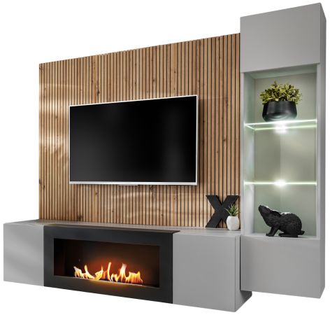 Wohnwand iLike in hellgrau, schwarz und Artisan Eiche TV Unterteil mit Bio Ethanol Kamin 200 cm inklusive LED