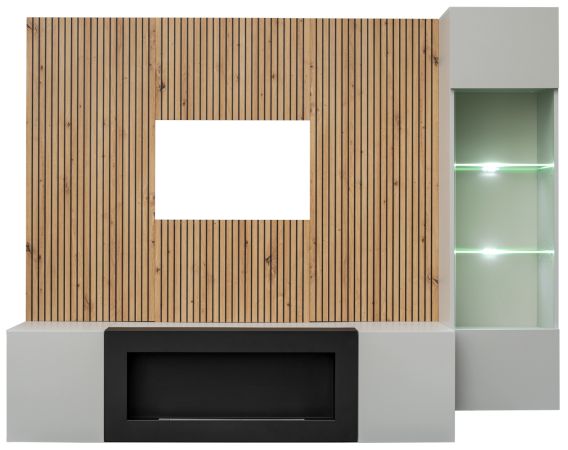 Wohnwand iLike in hellgrau, schwarz und Artisan Eiche TV Unterteil mit Bio Ethanol Kamin 200 cm inklusive LED