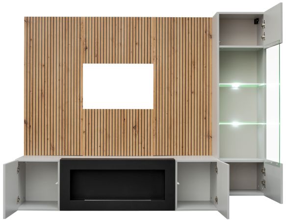 Wohnwand iLike in hellgrau, schwarz und Artisan Eiche TV Unterteil mit Bio Ethanol Kamin 200 cm inklusive LED