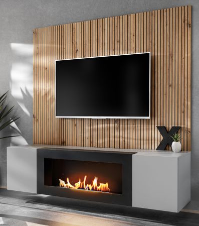 TV-Lowboard Set iLike hellgrau, schwarz und Artisan Eiche TV Unterteil mit Bio Ethanol Kamin und Akustikpaneel 160 cm