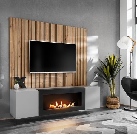 TV-Lowboard Set iLike hellgrau, schwarz und Artisan Eiche TV Unterteil mit Bio Ethanol Kamin und Akustikpaneel 160 cm