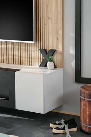 TV-Lowboard Set iLike hellgrau, schwarz und Artisan Eiche TV Unterteil mit Bio Ethanol Kamin und Akustikpaneel 160 cm