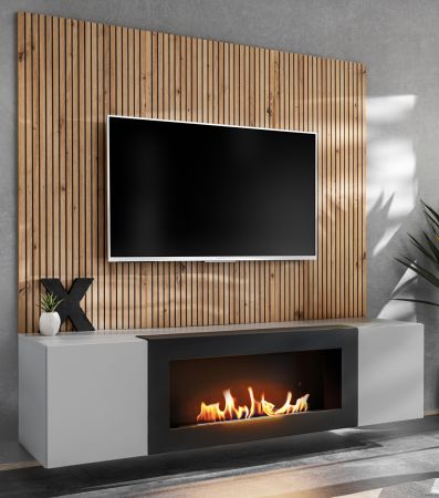 TV-Lowboard Set iLike hellgrau, schwarz und Artisan Eiche TV Unterteil mit Bio Ethanol Kamin und Akustikpaneel 160 cm