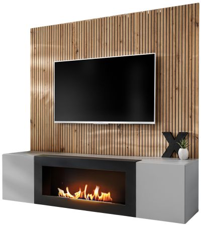 TV-Lowboard Set iLike hellgrau, schwarz und Artisan Eiche TV Unterteil mit Bio Ethanol Kamin und Akustikpaneel 160 cm