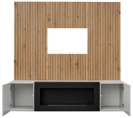 TV-Lowboard Set iLike hellgrau, schwarz und Artisan Eiche TV Unterteil mit Bio Ethanol Kamin und Akustikpaneel 160 cm