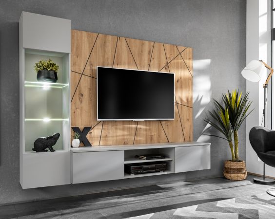 Wohnwand iLike in hellgrau und Artisan Eiche Schrankwand 200 cm inklusive LED Beleuchtung, Push-to-Open