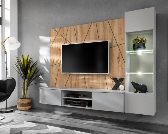 Wohnwand iLike in hellgrau und Artisan Eiche Schrankwand 200 cm inklusive LED Beleuchtung, Push-to-Open