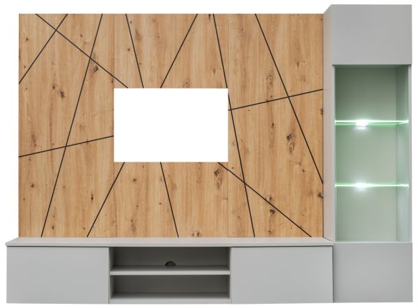 Wohnwand iLike in hellgrau und Artisan Eiche Schrankwand 200 cm inklusive LED Beleuchtung, Push-to-Open