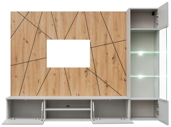 Wohnwand iLike in hellgrau und Artisan Eiche Schrankwand 200 cm inklusive LED Beleuchtung, Push-to-Open