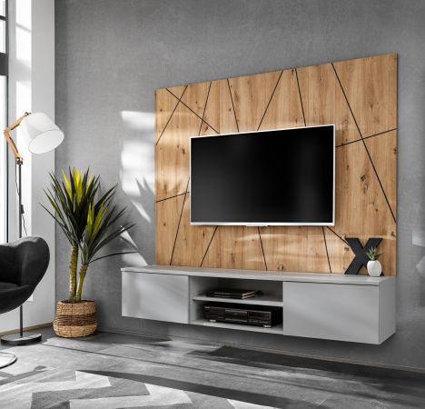 TV-Lowboard Set iLike in hellgrau und Artisan Eiche TV Unterteil mit Akustikpaneel 160 cm, Push-to-Open