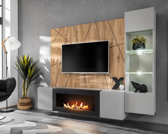 Wohnwand iLike in hellgrau, schwarz und Artisan Eiche TV Unterteil mit Bio Ethanol Kamin 200 cm inklusive LED