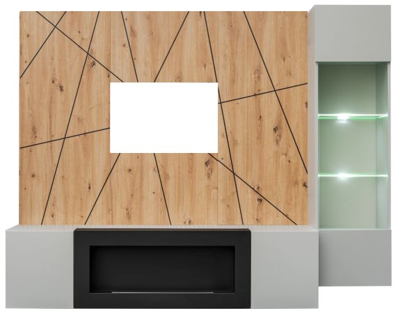 Wohnwand iLike in hellgrau, schwarz und Artisan Eiche TV Unterteil mit Bio Ethanol Kamin 200 cm inklusive LED
