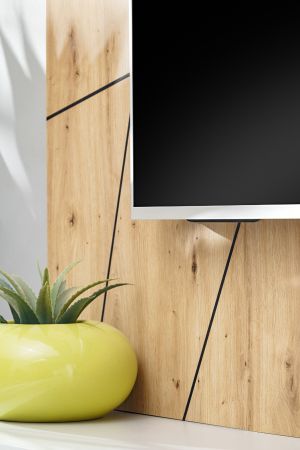 TV-Lowboard Set iLike hellgrau, schwarz und Artisan Eiche TV Unterteil mit Bio Ethanol Kamin und Akustikpaneel 160 cm