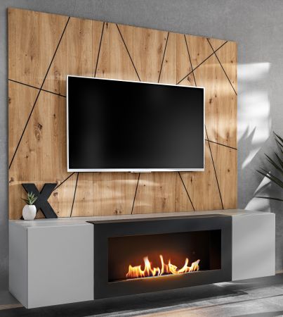 TV-Lowboard Set iLike hellgrau, schwarz und Artisan Eiche TV Unterteil mit Bio Ethanol Kamin und Akustikpaneel 160 cm