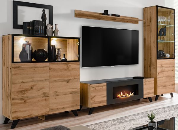 Wohnwand Bonfire in Wotan Eiche und schwarz Schrankwand mit Kamin, inklusive LED, 330 cm