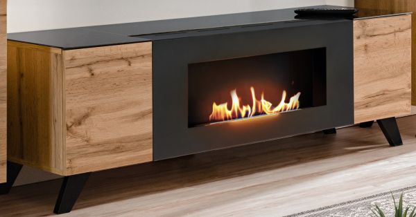 TV-Lowboard Bonfire in Wotan Eiche und schwarz TV Unterteil mit Ethanol Kamin 150 cm
