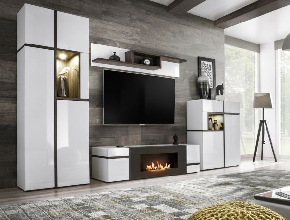Wohnwand Lovely in wei� Hochglanz und Ulme Schrankwand mit Kamin, inkl. Beleuchtung