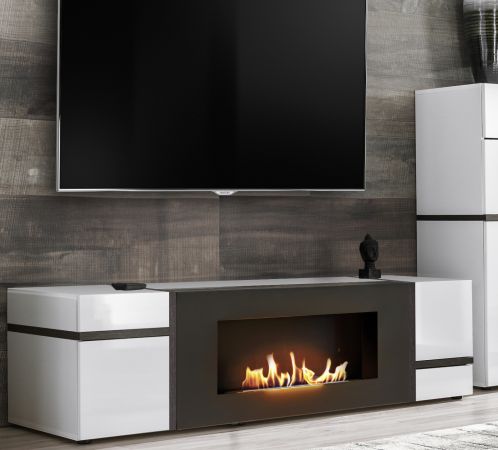 TV-Lowboard Lovely in wei� Hochglanz und Ulme TV Unterteil mit Ethanol Kamin 150 cm