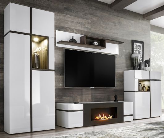TV-Lowboard Lovely in wei� Hochglanz und Ulme TV Unterteil mit Ethanol Kamin 150 cm