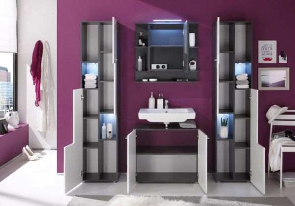 Badezimmer Badmöbel Set "Tetis" in weiß Hochglanz und Graphit grau Badkombination 4-teilig 184 x 180 cm