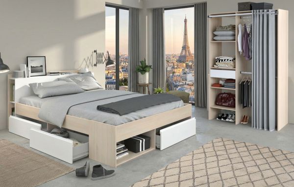 Parisot Kinder und Jugend Schlafzimmer Set Most Akazie und wei� mit Stauraumbett (160 x 200) und Kleiderschrank