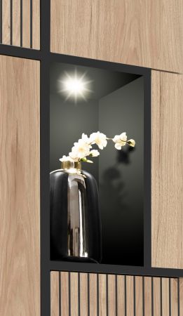 Wohnwand Lovely in Hickory Eiche und schwarz Schrankwand mit Ethanol Kamin, inkl. Beleuchtung