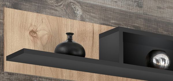 Wohnwand Lovely in Hickory Eiche und schwarz Schrankwand mit Ethanol Kamin, inkl. Beleuchtung