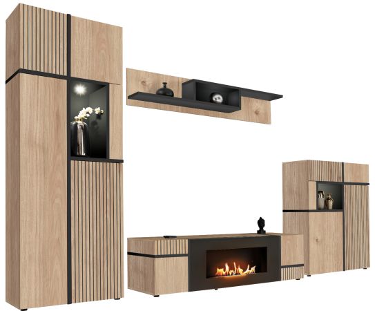 Wohnwand Lovely in Hickory Eiche und schwarz Schrankwand mit Ethanol Kamin, inkl. Beleuchtung