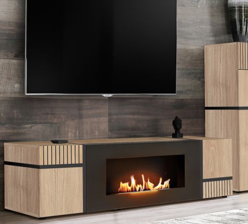 TV-Lowboard Lovely in Hickory Eiche und schwarz TV Unterteil mit Ethanol Kamin 150 cm