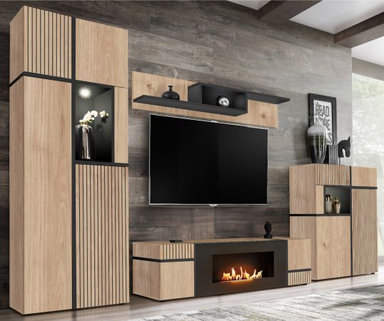 TV-Lowboard Lovely in Hickory Eiche und schwarz TV Unterteil mit Ethanol Kamin 150 cm