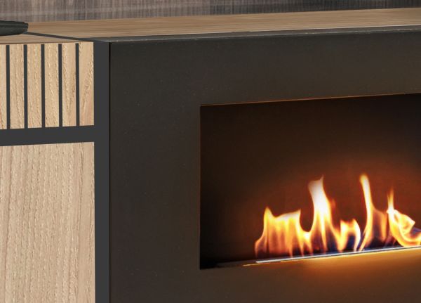 TV-Lowboard Lovely in Hickory Eiche und schwarz TV Unterteil mit Ethanol Kamin 150 cm