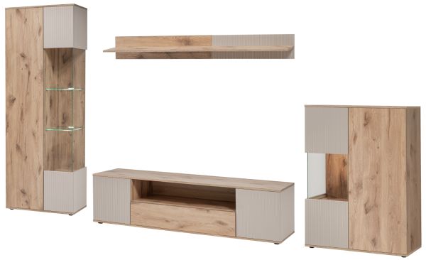 Wohnwand Cathlyn in Viking Eiche und Kaschmir Schrankwand 4-teilig inkl. Beleuchtung 350 cm